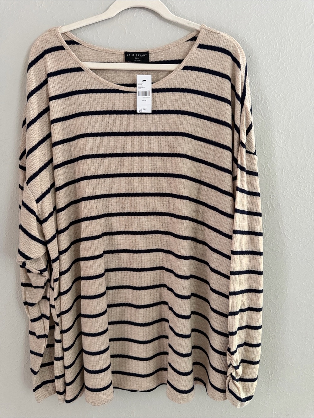 Lane Bryant Beige and Navy Blue Striped Scoop Neck Sweater